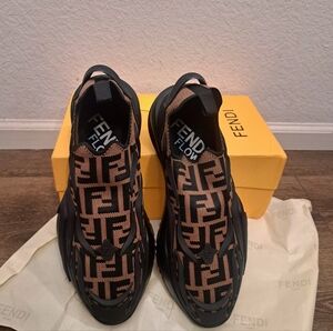 Fendi Flow FF Monogram Mesh Slip On Brown/Black Sneakers US11